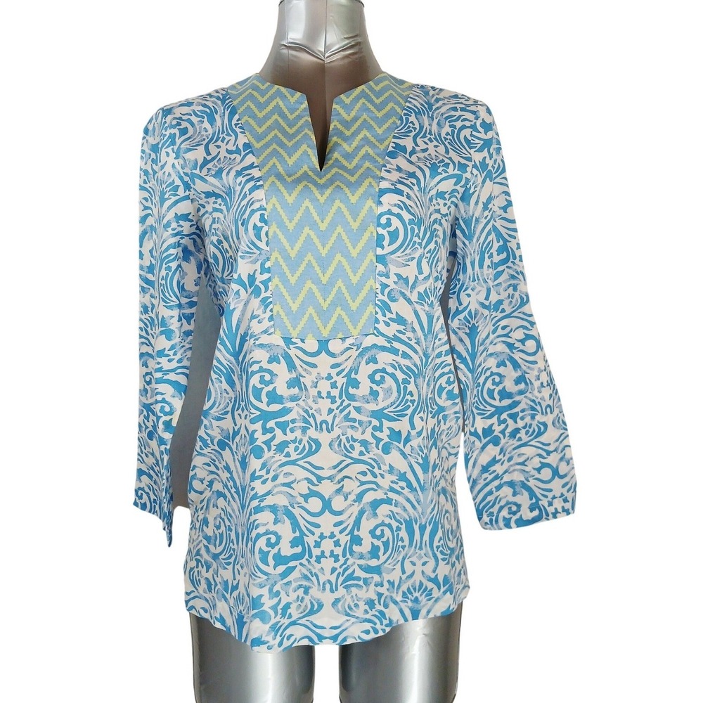J.McLaughlin Womens XS Blue White Damask Chevron Cotton Tunic Top 3/4 Sleeve‎